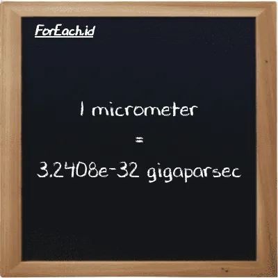 1 micrometer is equivalent to 3.2408e-32 gigaparsec (1 µm is equivalent to 3.2408e-32 Gpc)