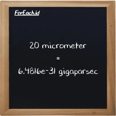 20 micrometer is equivalent to 6.4816e-31 gigaparsec (20 µm is equivalent to 6.4816e-31 Gpc)