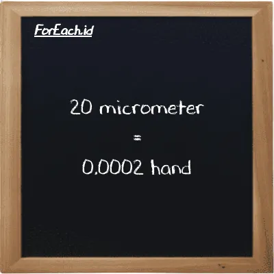 20 micrometer is equivalent to 0.0002 hand (20 µm is equivalent to 0.0002 h)