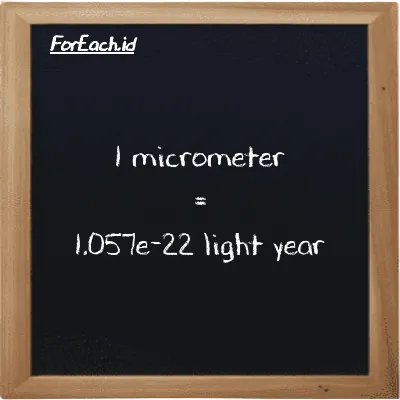 1 micrometer is equivalent to 1.057e-22 light year (1 µm is equivalent to 1.057e-22 ly)