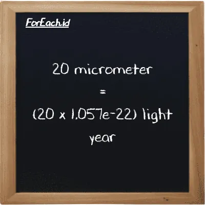 How to convert micrometer to light year: 20 micrometer (µm) is equivalent to 20 times 1.057e-22 light year (ly)