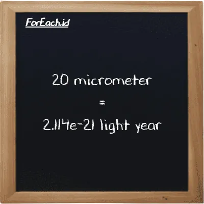 20 micrometer is equivalent to 2.114e-21 light year (20 µm is equivalent to 2.114e-21 ly)