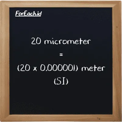 How to convert micrometer to meter: 20 micrometer (µm) is equivalent to 20 times 0.000001 meter (m)