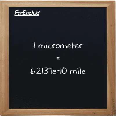 1 micrometer is equivalent to 6.2137e-10 mile (1 µm is equivalent to 6.2137e-10 mi)
