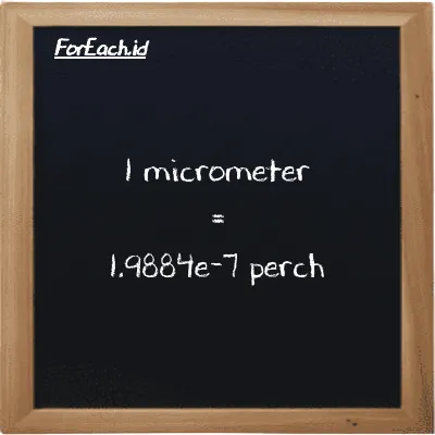 1 micrometer is equivalent to 1.9884e-7 perch (1 µm is equivalent to 1.9884e-7 prc)