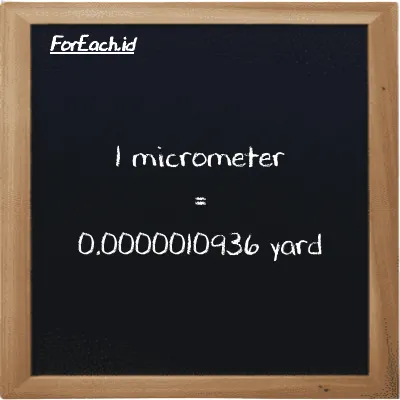 1 micrometer is equivalent to 0.0000010936 yard (1 µm is equivalent to 0.0000010936 yd)