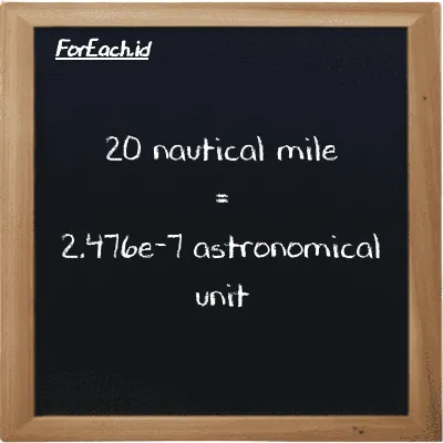 20 nautical mile is equivalent to 2.476e-7 astronomical unit (20 nmi is equivalent to 2.476e-7 au)