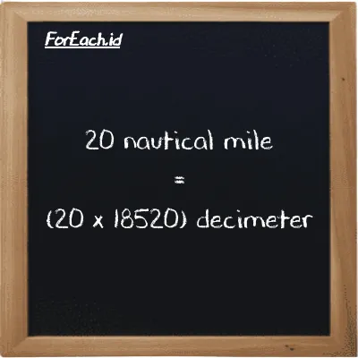 How to convert nautical mile to decimeter: 20 nautical mile (nmi) is equivalent to 20 times 18520 decimeter (dm)