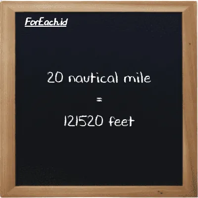 20 nautical mile is equivalent to 121520 feet (20 nmi is equivalent to 121520 ft)