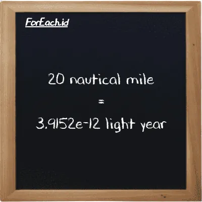 20 nautical mile is equivalent to 3.9152e-12 light year (20 nmi is equivalent to 3.9152e-12 ly)
