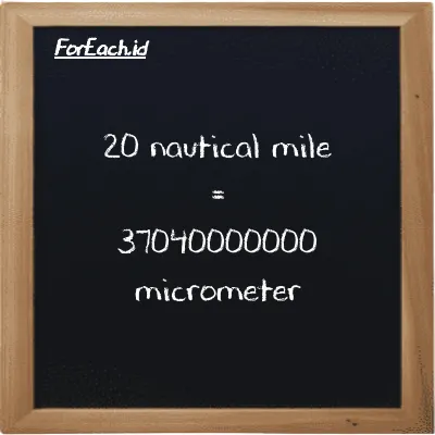 20 nautical mile is equivalent to 37040000000 micrometer (20 nmi is equivalent to 37040000000 µm)