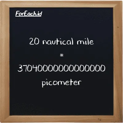 20 nautical mile is equivalent to 37040000000000000 picometer (20 nmi is equivalent to 37040000000000000 pm)