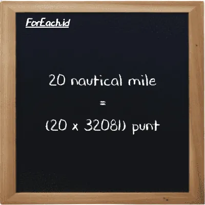 How to convert nautical mile to punt: 20 nautical mile (nmi) is equivalent to 20 times 32081 punt (pnt)