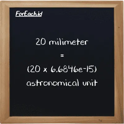 How to convert millimeter to astronomical unit: 20 millimeter (mm) is equivalent to 20 times 6.6846e-15 astronomical unit (au)