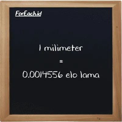 1 millimeter is equivalent to 0.0014556 elo lama (1 mm is equivalent to 0.0014556 el la)