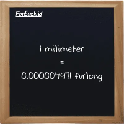 1 millimeter is equivalent to 0.000004971 furlong (1 mm is equivalent to 0.000004971 fur)