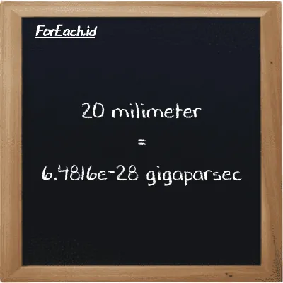 20 millimeter is equivalent to 6.4816e-28 gigaparsec (20 mm is equivalent to 6.4816e-28 Gpc)