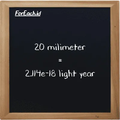 20 millimeter is equivalent to 2.114e-18 light year (20 mm is equivalent to 2.114e-18 ly)