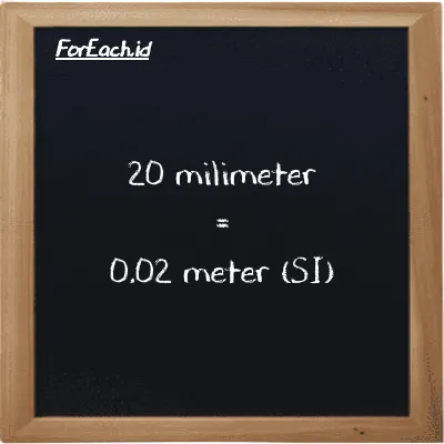 20 millimeter is equivalent to 0.02 meter (20 mm is equivalent to 0.02 m)