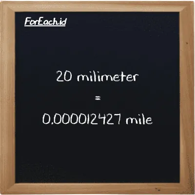 20 millimeter is equivalent to 0.000012427 mile (20 mm is equivalent to 0.000012427 mi)