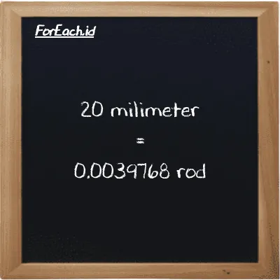 20 millimeter is equivalent to 0.0039768 rod (20 mm is equivalent to 0.0039768 rd)