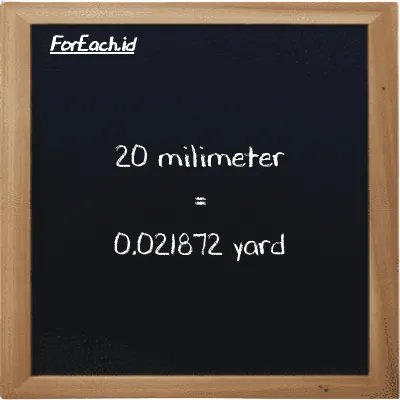 20 millimeter is equivalent to 0.021872 yard (20 mm is equivalent to 0.021872 yd)