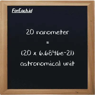 How to convert nanometer to astronomical unit: 20 nanometer (nm) is equivalent to 20 times 6.6846e-21 astronomical unit (au)