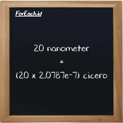 How to convert nanometer to cicero: 20 nanometer (nm) is equivalent to 20 times 2.0787e-7 cicero (ccr)