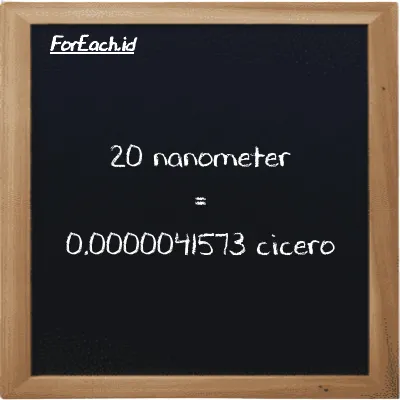 20 nanometer is equivalent to 0.0000041573 cicero (20 nm is equivalent to 0.0000041573 ccr)