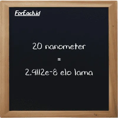 20 nanometer is equivalent to 2.9112e-8 elo lama (20 nm is equivalent to 2.9112e-8 el la)