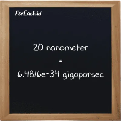 20 nanometer is equivalent to 6.4816e-34 gigaparsec (20 nm is equivalent to 6.4816e-34 Gpc)