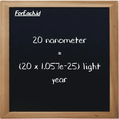 How to convert nanometer to light year: 20 nanometer (nm) is equivalent to 20 times 1.057e-25 light year (ly)
