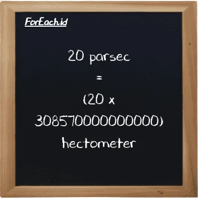 How to convert parsec to hectometer: 20 parsec (pc) is equivalent to 20 times 308570000000000 hectometer (hm)