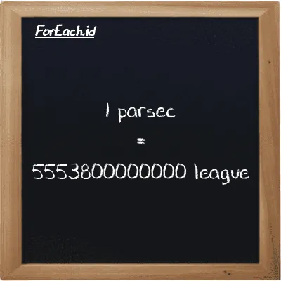 1 parsec is equivalent to 5553800000000 league (1 pc is equivalent to 5553800000000 lg)