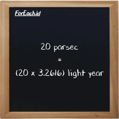 How to convert parsec to light year: 20 parsec (pc) is equivalent to 20 times 3.2616 light year (ly)