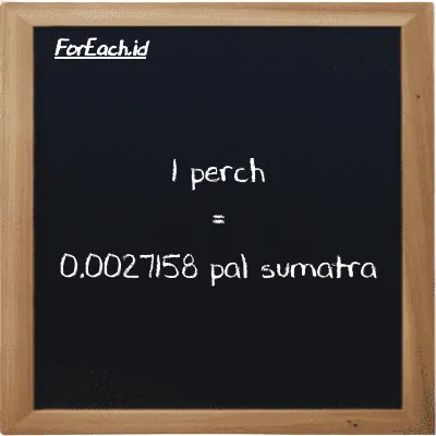 1 perch is equivalent to 0.0027158 pal sumatra (1 prc is equivalent to 0.0027158 ps)
