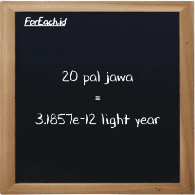 20 pal jawa is equivalent to 3.1857e-12 light year (20 pj is equivalent to 3.1857e-12 ly)