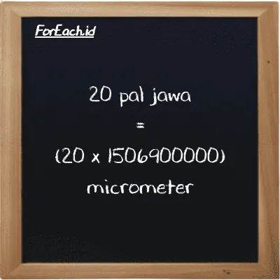 How to convert pal jawa to micrometer: 20 pal jawa (pj) is equivalent to 20 times 1506900000 micrometer (µm)