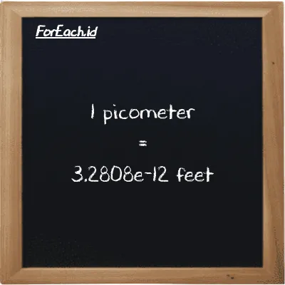 1 picometer is equivalent to 3.2808e-12 feet (1 pm is equivalent to 3.2808e-12 ft)