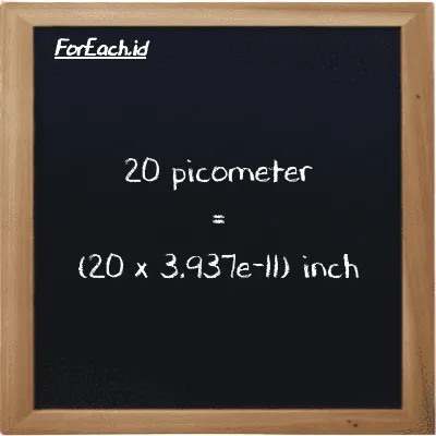 How to convert picometer to inch: 20 picometer (pm) is equivalent to 20 times 3.937e-11 inch (in)