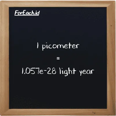 1 picometer is equivalent to 1.057e-28 light year (1 pm is equivalent to 1.057e-28 ly)