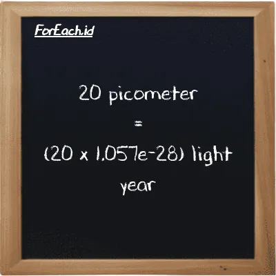 How to convert picometer to light year: 20 picometer (pm) is equivalent to 20 times 1.057e-28 light year (ly)