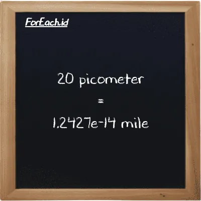 20 picometer is equivalent to 1.2427e-14 mile (20 pm is equivalent to 1.2427e-14 mi)