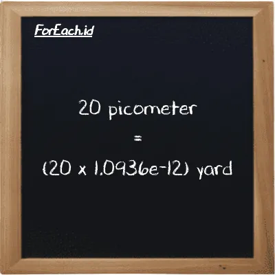 How to convert picometer to yard: 20 picometer (pm) is equivalent to 20 times 1.0936e-12 yard (yd)