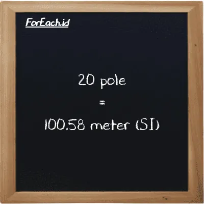 20 pole is equivalent to 100.58 meter (20 pl is equivalent to 100.58 m)