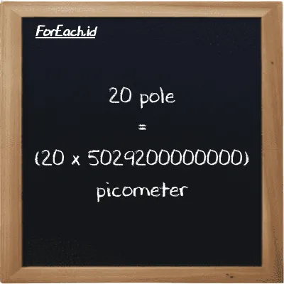 How to convert pole to picometer: 20 pole (pl) is equivalent to 20 times 5029200000000 picometer (pm)