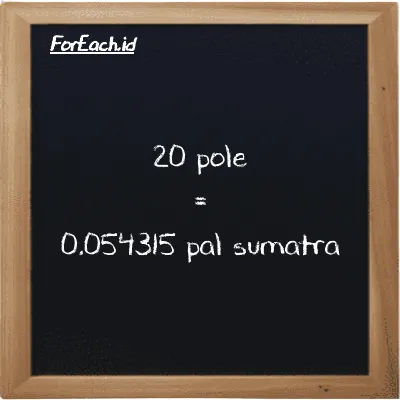 20 pole is equivalent to 0.054315 pal sumatra (20 pl is equivalent to 0.054315 ps)