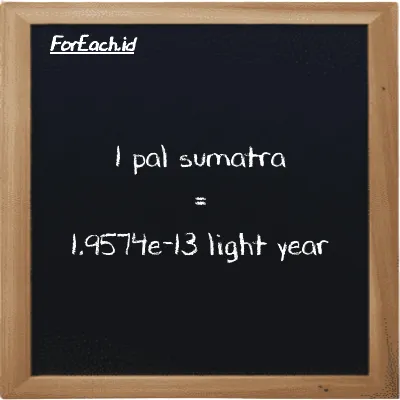 1 pal sumatra is equivalent to 1.9574e-13 light year (1 ps is equivalent to 1.9574e-13 ly)