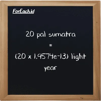 How to convert pal sumatra to light year: 20 pal sumatra (ps) is equivalent to 20 times 1.9574e-13 light year (ly)
