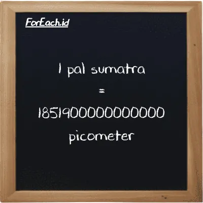 1 pal sumatra is equivalent to 1851900000000000 picometer (1 ps is equivalent to 1851900000000000 pm)